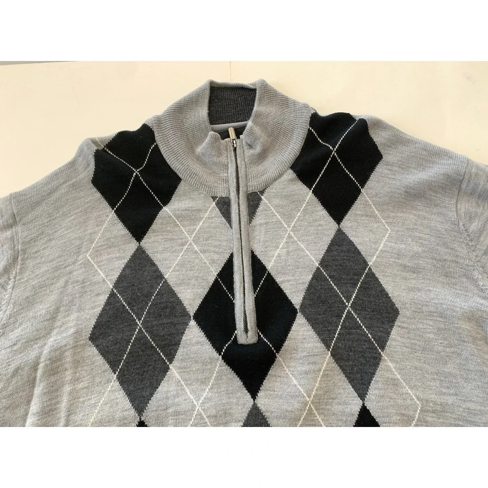 Footjoy Quarter Zip Golf Sweater Mens XXL Gray Black Argyle 100% Wool Logo Lined